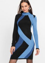 Żakardowa sukienka dzianinowa w modne paski. Niebieskie sukienki bonprix, bez wzorów, z dzianiny, eleganckie, bez kołnierzyka, bez ramiączek. Za 139.99 zł.