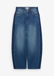 Dżinsy typu barrel, high waist, skrócona długość. Niebieskie jeansy bonprix, bez wzorów, z podwyższonym stanem. Za 169.99 zł.