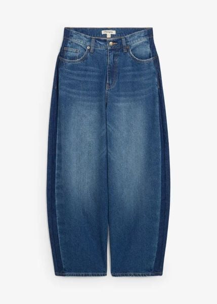 Dżinsy typu barrel, high waist, skrócona długość. Niebieskie jeansy bonprix, bez wzorów, z podwyższonym stanem. Za 169.99 zł.