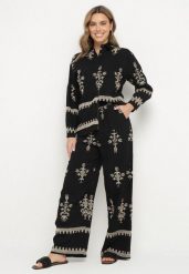 Czarny Komplet z Wiskozy w Stylu Boho Koszula i Spodnie Zdobione Haftem Sarhiris. Czarne koszule Born2be, l, z aplikacjami, z wiskozy, boho, bez kołnierzyka, bez ramiączek. Za 159.99 zł.