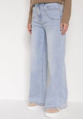 Niebieskie Szerokie Jeansy z Wysokim Stanem Przeszyciami i Imitacją Kieszeni Tanila. Niebieskie jeansy Born2be, do pracy, l, bez wzorów, z jeansu, z podwyższonym stanem. Za 119.99 zł.