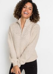Sweter ze stójką w ażurowy wzór. Brązowe swetry bonprix, w ażurowe wzory, bez ramiączek. Za 149.99 zł.