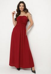 Bordowa Sukienka Koktajlowa Bandeau z Wiskozą Ozdobiona Marszczeniem Nalithae. Czerwone sukienki Born2be, na co dzień, m, bez wzorów, z jeansu, eleganckie, bez kołnierzyka, bez ramiączek, maxi, kopertowe. Za 169.99 zł.