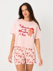 Świąteczna piżama dwuczęściowa z motywem pierniczków - różowy. Czerwone piżamy Sinsay, bez wzorów, bez ramiączek. Za 39.99 zł.