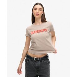 Dopasowana koszulka z logo odzieży sportowej. Brązowa koszulki sportowe Superdry, bez wzorów, bez ramiączek. Za 124.05 zł.