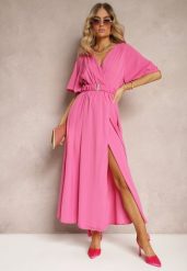 Różowa Kopertowa Sukienka z Gumką w Talii i Paskiem Amperi. Czerwone sukienki Renee, l, bez wzorów, eleganckie, bez kołnierzyka, bez ramiączek, maxi, dopasowane. Za 54.99 zł.
