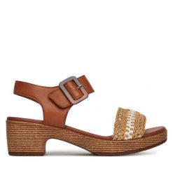 Sandały Remonte. Brązowe sandały Remonte, bez wzorów, bez obcasa, na słupku, bez zapięcia. Za 369.99 zł.