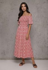 Czerwona Sukienka Hiszpanka z Bawełny w Roślinny Print Podkreślająca Talię Kradli. Czerwone sukienki Renee, na co dzień, m, bez wzorów, z bawełny, boho, bez kołnierzyka, bez ramiączek, z odkrytymi ramionami. Za 59.99 zł.