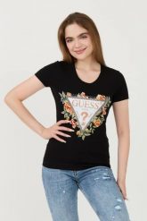 GUESS Czarny damski t-shirt Triangle Flowers, Rozmiar S. Czarne t-shirty Guess, s, z aplikacjami, bez kołnierzyka, bez ramiączek. W wyprzedaży za 99.99 zł.