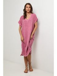 Lin Passion Lniana sukienka w kolorze różowym rozmiar: 34/36. Różowe sukienki Lin Passion, na co dzień, bez wzorów, klasyczne, bez kołnierzyka, bez ramiączek, midi, proste. Za 130.99 zł.