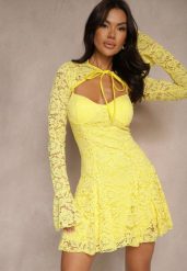 Żółta Koktajlowa Koronkowa Sukienka o Rozkloszowanym Kroju Nelfedi. Żółte sukienki Renee, m, bez wzorów, z koronki, eleganckie, bez kołnierzyka, bez ramiączek, mini, rozkloszowane. Za 139.99 zł.