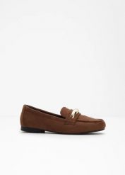 Loafersy z metalowymi detalami. Brązowe baleriny bonprix, bez wzorów, bez obcasa. Za 124.99 zł.