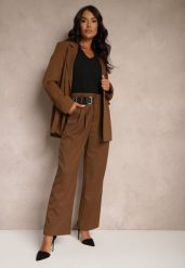 Brązowe Szerokie Spodnie Garniturowe z Wiskozą High Waist Ozdobione Paskiem Elowanda. Brązowe spodnie materiałowe Renee, na co dzień, l, bez wzorów, z jeansu, z podwyższonym stanem. Za 99.99 zł.