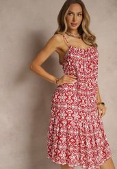 Bordowa Bawełniana Sukienka o Rozkloszowanym Kroju na Ramiączkach w Etniczny Wzór Nelpio. Czerwone sukienki Renee, na co dzień, l, z aplikacjami, z bawełny, eleganckie, bez kołnierzyka, bez ramiączek, midi, rozkloszowane. W wyprzedaży za 47.99 zł.