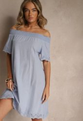 Jasnoniebieska Sukienka o Kroju Hiszpanki z Bawełny z Ażurowymi Zdobieniami Filviana. Niebieskie sukienki Renee, na co dzień, l, z aplikacjami, z bawełny, eleganckie, bez kołnierzyka, bez ramiączek, mini, rozkloszowane. Za 64.99 zł.