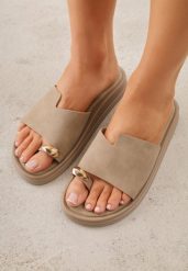 Ciemnobeżowe Klapki Typu Japonki z Metaliczną Ozdobą Samrina. Brązowe klapki Born2be, z aplikacjami, z jeansu, bez obcasa, na płaskiej podeszwie. Za 79.99 zł.