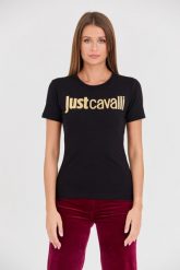 JUST CAVALLI Czarny damski t-shirt Logo Gold, Rozmiar S. Czarne t-shirty Just Cavalli, s, bez wzorów, bez kołnierzyka, bez ramiączek. W wyprzedaży za 299.99 zł.
