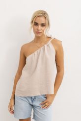 TOP HOLLY PIASKOWY M - Flawless. Czerwone topy Flawless, m, bez wzorów, ze skóry, bez kołnierzyka, bez ramiączek. Za 57.00 zł.