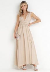 Beżowa Rozkloszowana Sukienka na Ramiączkach Seraphineme. Brązowe sukienki Born2be, l, bez wzorów, eleganckie, bez kołnierzyka, bez ramiączek, maxi, rozkloszowane. Za 84.99 zł.