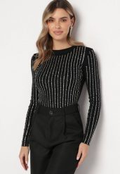 Czarny Dzianinowy Sweter z Okrągłym Dekoltem Ozdobiony Paskami z Cyrkoniami Faweni. Czarne swetry Born2be, m, bez wzorów, z dzianiny, bez ramiączek. Za 139.99 zł.