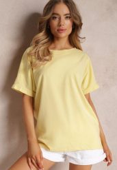 Żółty Bawełniany T-shirt Oversize z Krótkim Rękawem i Dłuższym Tyłem Zanimara. Żółte t-shirty Renee, s, bez wzorów, z bawełny, bez kołnierzyka, bez ramiączek. Za 24.99 zł.