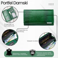 Portfel damski skórzany lakierowany zielony z tłoczeniem croco SP-16-CGRN. Zielone portfele Jennifer Jones, bez wzorów, z lakierowanej skóry. Za 99.00 zł.