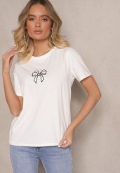 Biała Bluzka z Bawełny z Motywem Kokardki Norimar. Białe bluzki Renee, l, bez wzorów, z bawełny, eleganckie, bez kołnierzyka, bez ramiączek. W wyprzedaży za 34.99 zł.