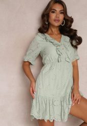 Zielona Ażurowa Sukienka Mini z Gumką w Taliii Falbankami Rakki. Zielone sukienki Renee, l, z aplikacjami, z bawełny, bez kołnierzyka, bez ramiączek, mini. Za 69.99 zł.