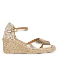 Geox Skórzane sandały "Gelsa" w kolorze złotym rozmiar: 39. Żółte sandały Geox, bez wzorów, z materiału, z otwartym noskiem, bez obcasa, na koturnie, bez zapięcia. Za 217.99 zł.