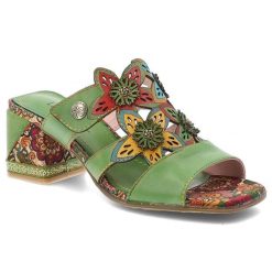 Klapki damskie Laura Vita, cholewka skóra naturalna kwiatowe aplikacje wsuwany fason otwarty nosek stabilny obcas miękka wkładka, zielone, Jacqueso 0. Zielone klapki Laura Vita, z aplikacjami, ze skóry, z otwartym noskiem, bez obcasa, na obcasie. Za 309.00 zł.