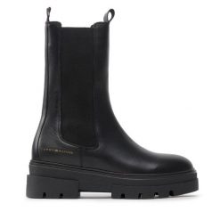 Sztyblety Tommy Hilfiger. Czarne botki TOMMY HILFIGER, bez wzorów, bez obcasa, na płaskiej podeszwie, bez zapięcia. Za 849.99 zł.