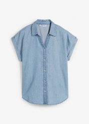 Bluzka dżinsowa z krótkim rękawem, z domieszką lnu. Niebieskie bluzki bonprix, bez wzorów, bez kołnierzyka, bez ramiączek. Za 127.99 zł.