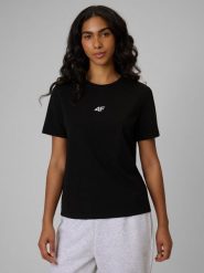 4F T-shirt regular gładki damski - czarny M. Czarne koszulki sportowe 4f, bez wzorów, z materiału, bez ramiączek, na fitness i siłownię. Za 49.99 zł.