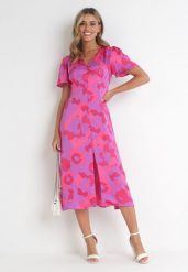 Fioletowa Rozkloszowana Sukienka w Kwiaty Avoane. Fioletowe sukienki Born2be, na lato, m, bez wzorów, bez kołnierzyka, bez ramiączek, midi, rozkloszowane. Za 149.99 zł.