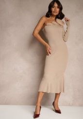 Ciemnobeżowa Asymetryczna Sukienka Koktajlowa z Kwiatami Issalea. Brązowe sukienki Renee, na imprezę, z aplikacjami, eleganckie, z asymetrycznym kołnierzem, bez ramiączek, maxi, asymetryczne. Za 119.99 zł.