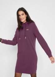 Sukienka dresowa z kapturem. Fioletowe sukienki bonprix, bez wzorów, z dresówki, eleganckie, bez kołnierzyka, bez ramiączek. Za 109.99 zł.