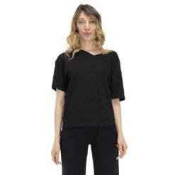 Damski T-shirt z dekoltem w kształcie litery V w kolorach ziemi. Czarne t-shirty LEONE 1947 APPAREL, l, bez wzorów, z tkaniny, bez kołnierzyka, bez ramiączek. W wyprzedaży za 92.45 zł.