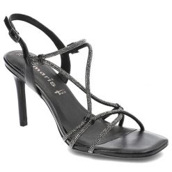 Czarne Sandały Tamaris Eleganckie Damskie Obuwie. Czarne sandały Tamaris, bez wzorów, ze skóry ekologicznej, eleganckie, bez obcasa, na obcasie, bez zapięcia. Za 269.00 zł.
