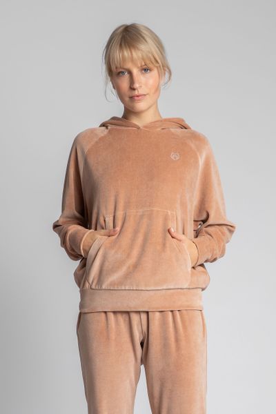Welurowa Bluza Kangurka z Reglanowym Rękawem - Beżowa. Brązowe bluzy MOE, l, bez wzorów, z elastanu, bez kaptura. Za 299.90 zł.