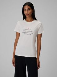 4F T-shirt regular z nadrukiem damski - kremowy XXL. Białe t-shirty 4f, m, bez wzorów, z bawełny, bez kołnierzyka, bez ramiączek. Za 69.99 zł.