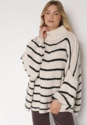 Beżowy Golf Oversize w Paski z Domieszką Wełny i Wiskozy Nexeia. Brązowe golfy Born2be, bez wzorów, z jeansu, bez ramiączek. Za 159.99 zł.