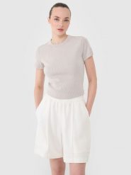 4F T-shirt slim z prążkowanej dzianiny damski - beżowy XS. Brązowe t-shirty 4f, xs, bez wzorów, z bawełny, bez kołnierzyka, bez ramiączek. W wyprzedaży za 49.99 zł.