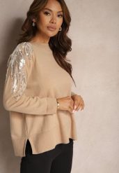 Beżowy Sweter z Wiskozą i Modalem Ozdobiony Cekinami i Perłami Iveara. Brązowe swetry Renee, na zimę, bez wzorów, z wiskozy, bez ramiączek. Za 99.99 zł.
