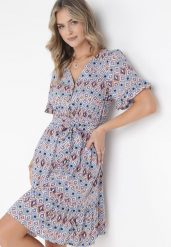 Niebieska Wiskozowa Sukienka Mini z Gumką i Materiałowym Paskiem w Pasie Upshaw. Niebieskie sukienki Born2be, na co dzień, l, bez wzorów, z materiału, bez kołnierzyka, bez ramiączek, mini, proste. Za 64.99 zł.