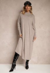 Beżowa Pudełkowa Sukienka Sweterkowa z Wiskozą i Golfem Rinnine. Brązowe sukienki Renee, na co dzień, bez wzorów, z wiskozy, eleganckie, bez kołnierzyka, bez ramiączek, maxi. Za 99.99 zł.