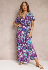 Fioletowa Wiskozowa Sukienka Maxi z Gumką w Talii i Materiałowym Paskiem Saramu. Fioletowe sukienki Renee, na wiosnę, s, bez wzorów, z materiału, bez kołnierzyka, bez ramiączek, maxi, rozkloszowane. Za 64.99 zł.