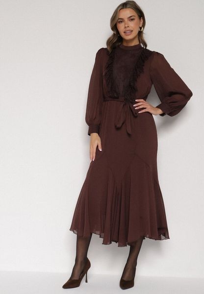 Brązowa Elegancka Sukienka z Bufiastymi Rękawami i Koronkowymi Falbankami Sewlina. Brązowe sukienki Born2be, do pracy, l, bez wzorów, z koronki, biznesowe, bez kołnierzyka, bez ramiączek, maxi. Za 159.99 zł.