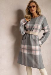 Szara Pudełkowa Sukienka Dzianinowa Midi w Kratę Farbia. Szare sukienki Renee, xl, bez wzorów, z dzianiny, bez kołnierzyka, bez ramiączek, midi. Za 59.99 zł.