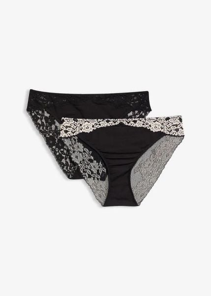 Figi z dwukolorową koronką (2 sztuki). Czarne figi bonprix, bez wzorów, z koronki. Za 22.99 zł.