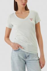 GUESS Miętowy damski t-shirt na krótki rękaw V-Neck Mini Triangle, Rozmiar M. Niebieskie t-shirty Guess, m, z aplikacjami, bez kołnierzyka, bez ramiączek. W wyprzedaży za 89.99 zł.